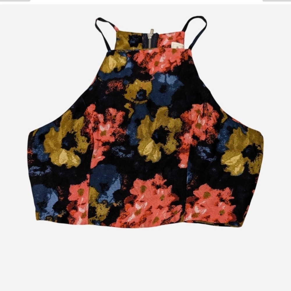 Pre-owAbercrombie & Fitch Floral Halter Crop Top in Black, Coral, Mustard & Navy - Picture 2 of 8